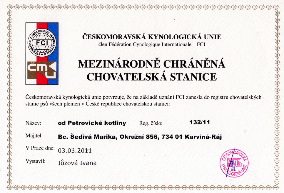 Certifikát chovatelské stanice